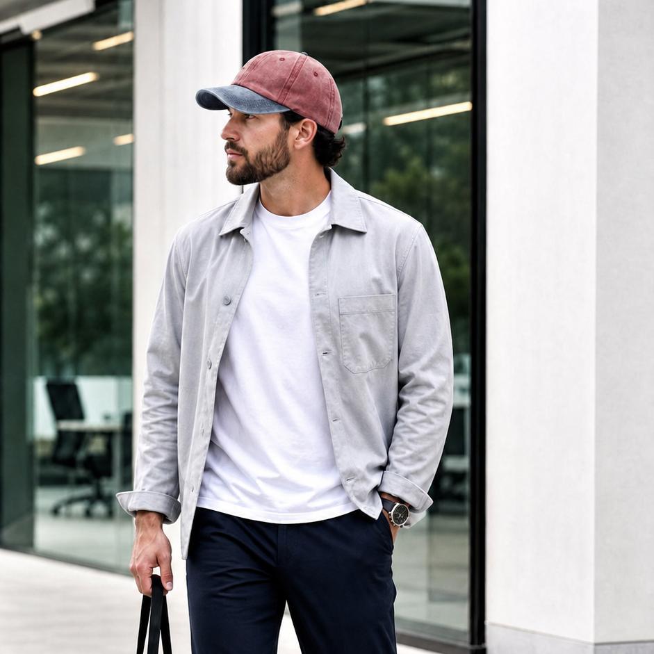 A man walking outdoors in a modern building setting, wearing a light gray overshirt, white t-shirt, dark navy pants, white sneakers, and a dusty rose baseball cap, while carrying a cream canvas tote bag.
