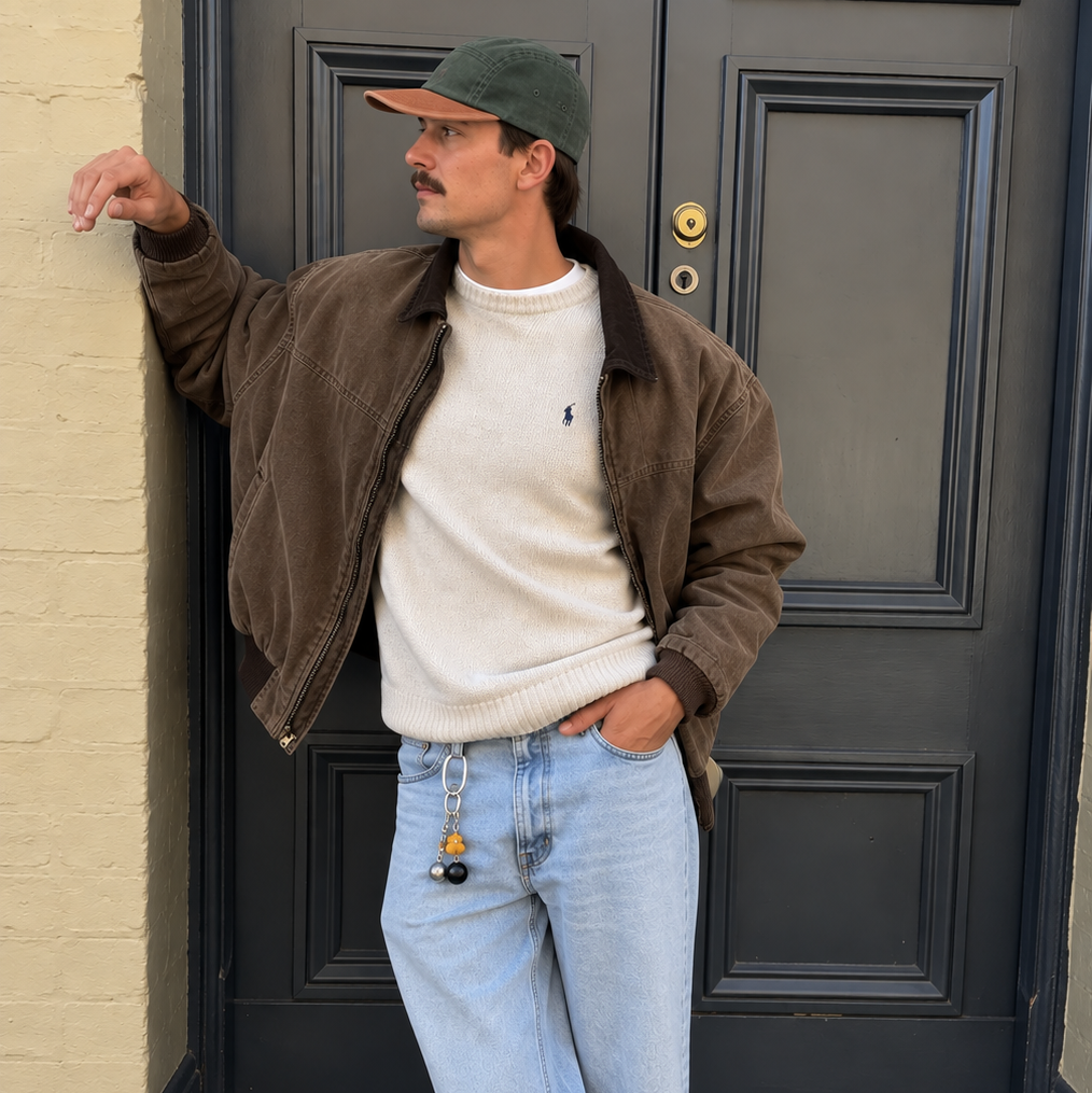 A man wearing a brown corduroy jacket, cream knit sweater, light blue jeans, and burgundy loafers stands in front of a dark paneled door.