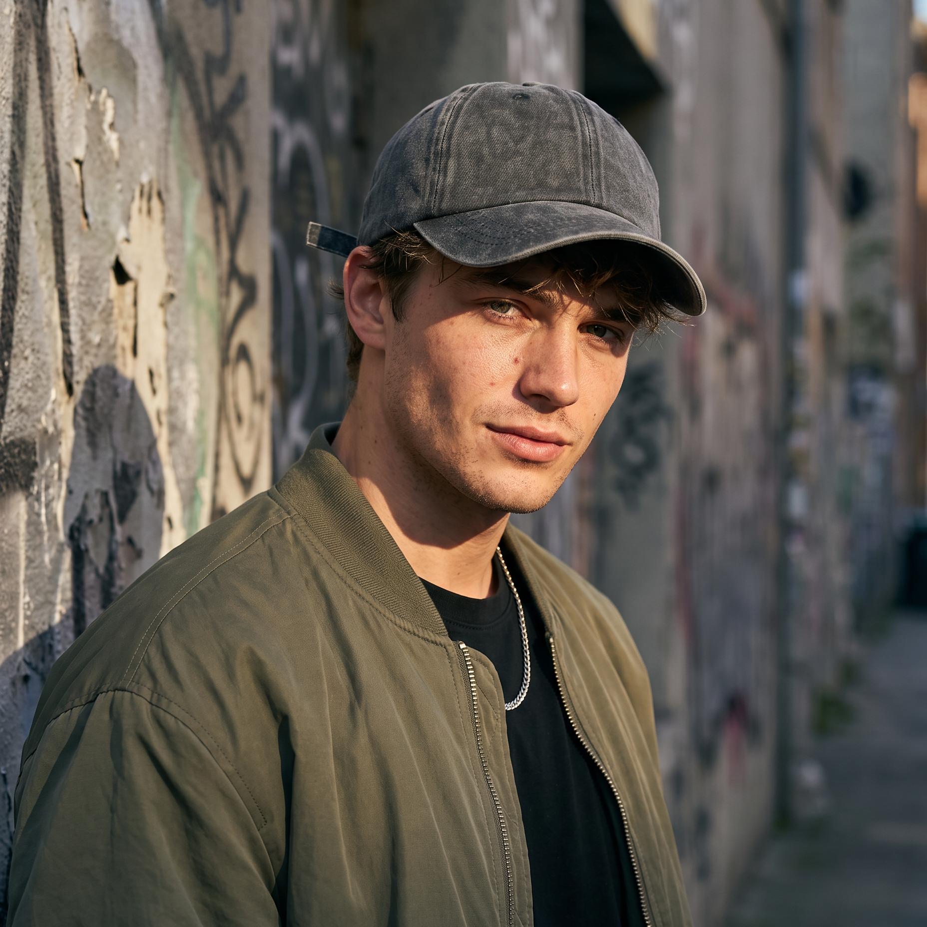 A man wearing a dark gray baseball cap, olive green bomber jacket, and black t-shirt standing against a graffiti-covered concrete wall.