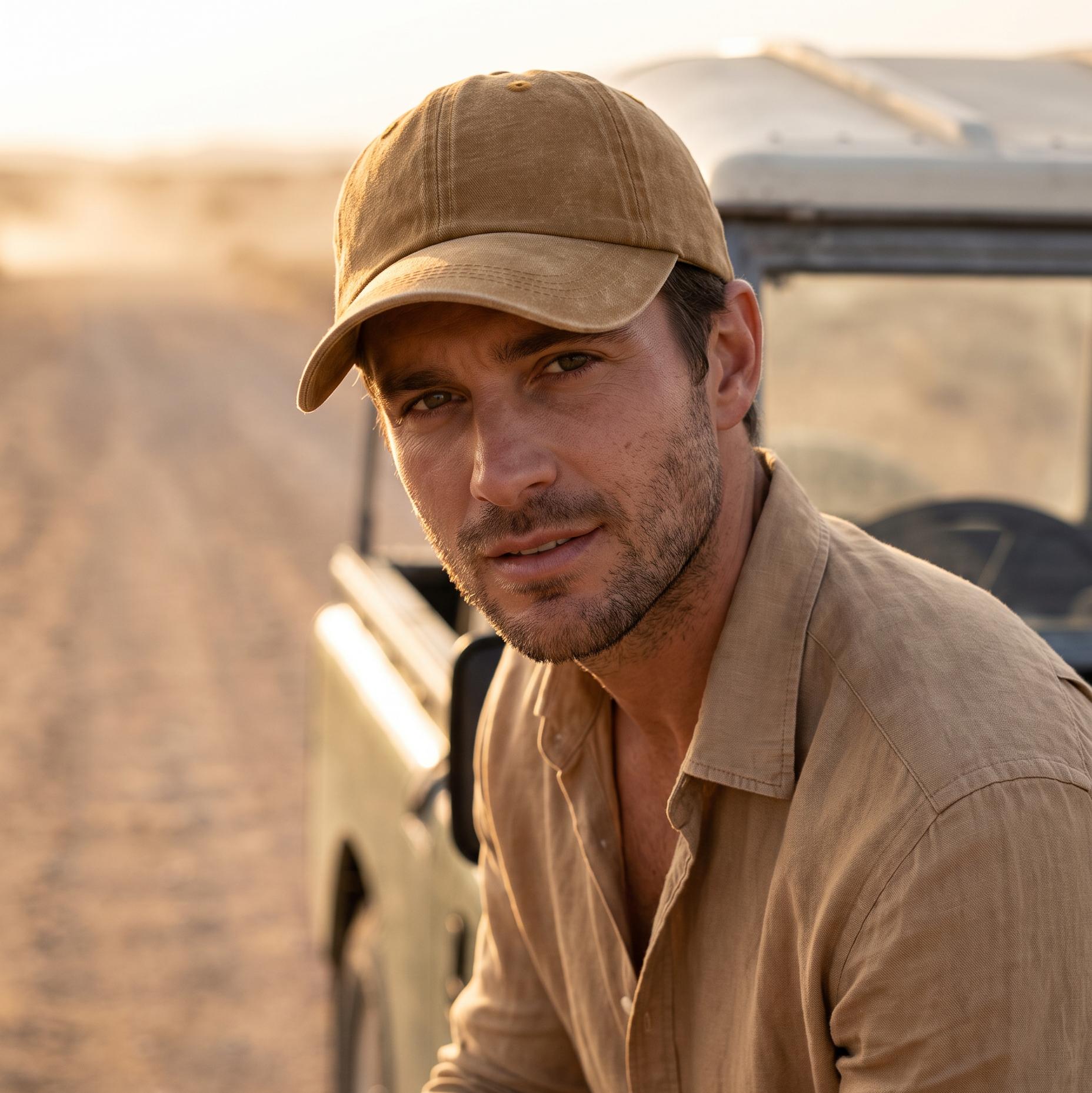 A man wearing a tan baseball cap and matching tan linen shirt sits outdoors beside a vintage off-white vehicle on a sandy road during warm golden-hour light.