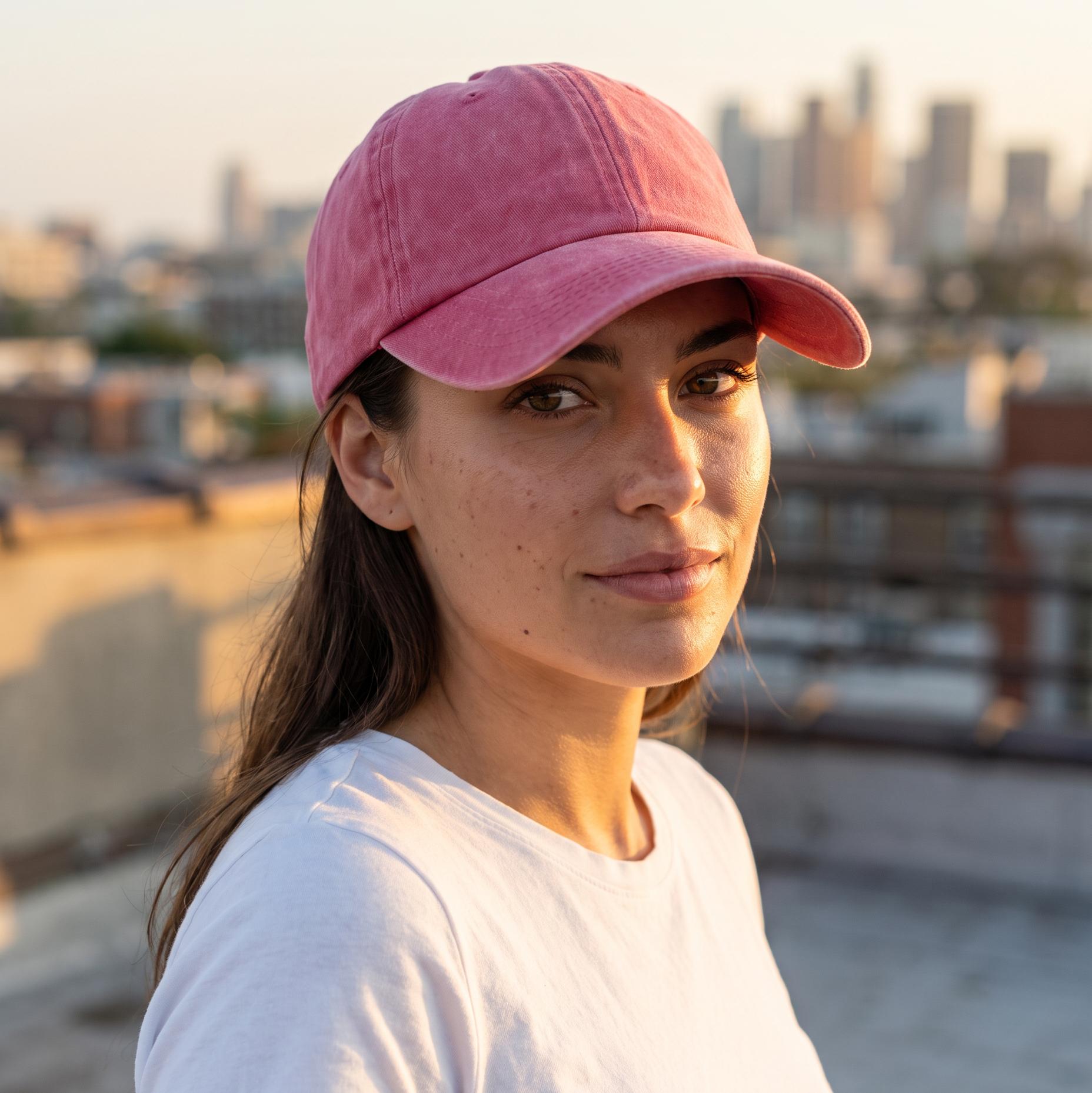 A woman wearing a dusty pink baseball cap and a white t-shirt, photographed outdoors on a rooftop with a blurred city skyline in the background.