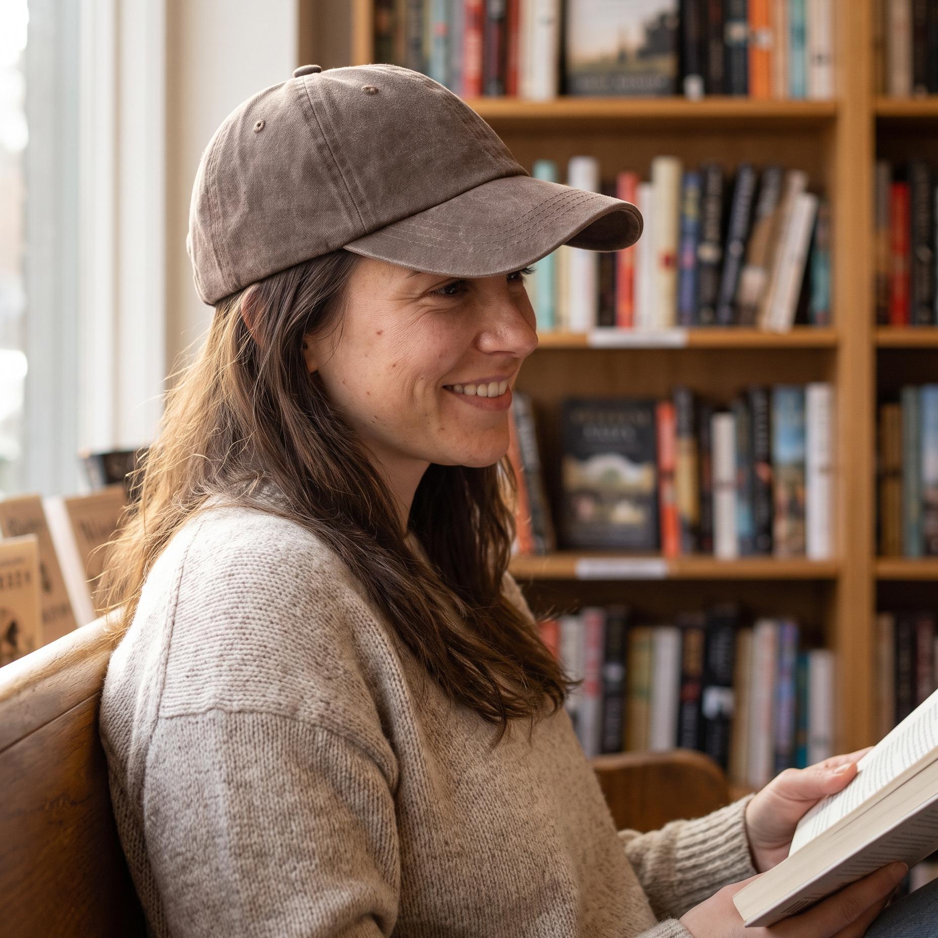 A woman wearing a brown baseball cap and a beige knit sweater sits in a wooden chair in front of a bookshelf, holding an open book.