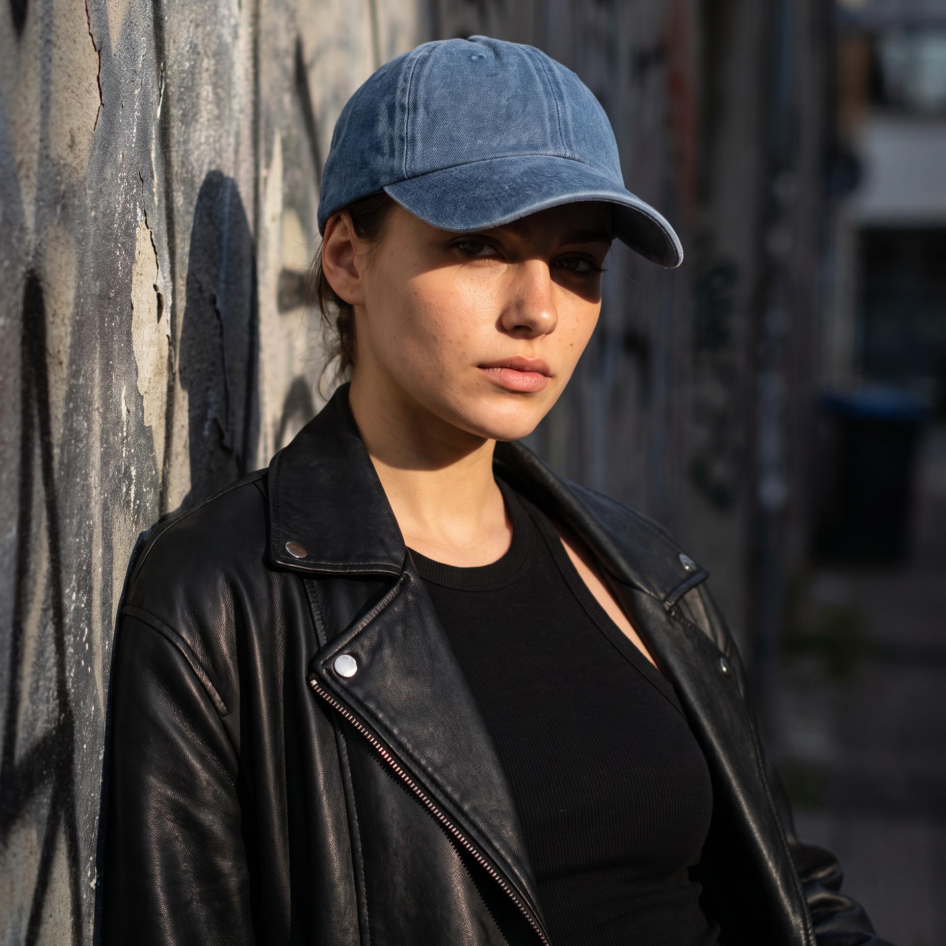A woman wearing a blue denim baseball cap, a black leather jacket, and a black top leans against a weathered concrete wall in an outdoor urban setting.