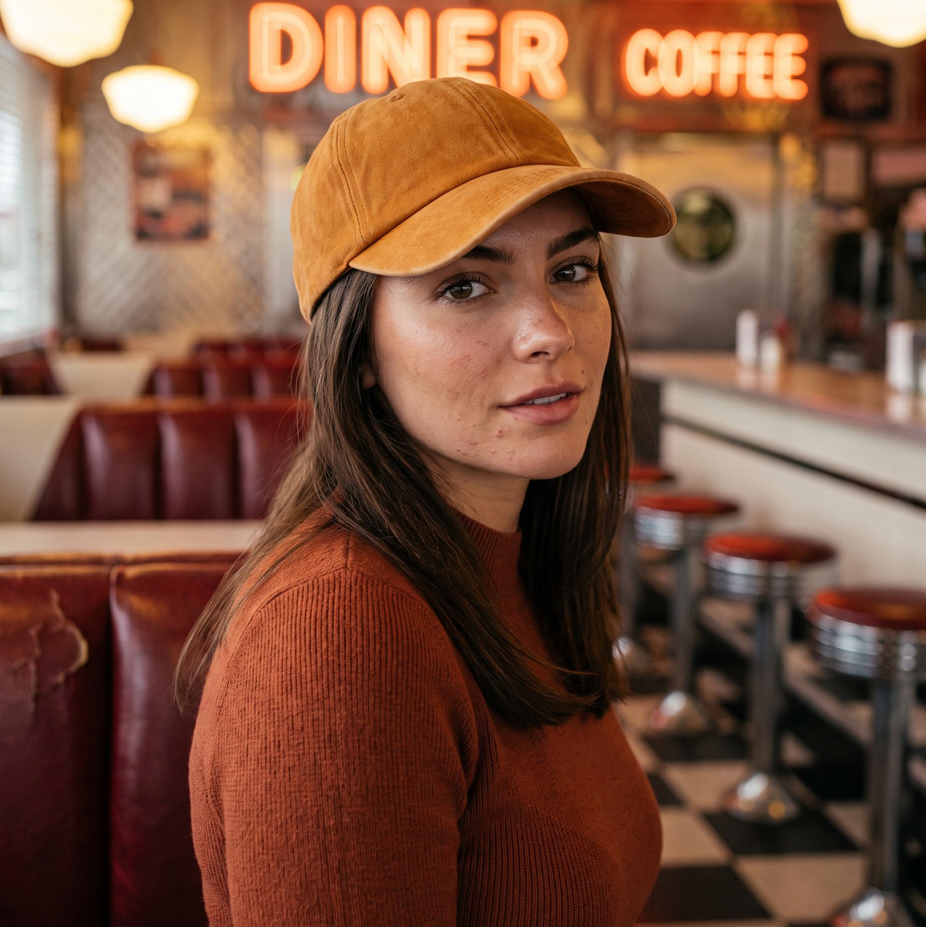 A woman wearing a mustard yellow baseball cap and a rust-colored ribbed sweater, seated in a retro-style diner with red booths and a neon 'DINER COFFEE' sign in the background.