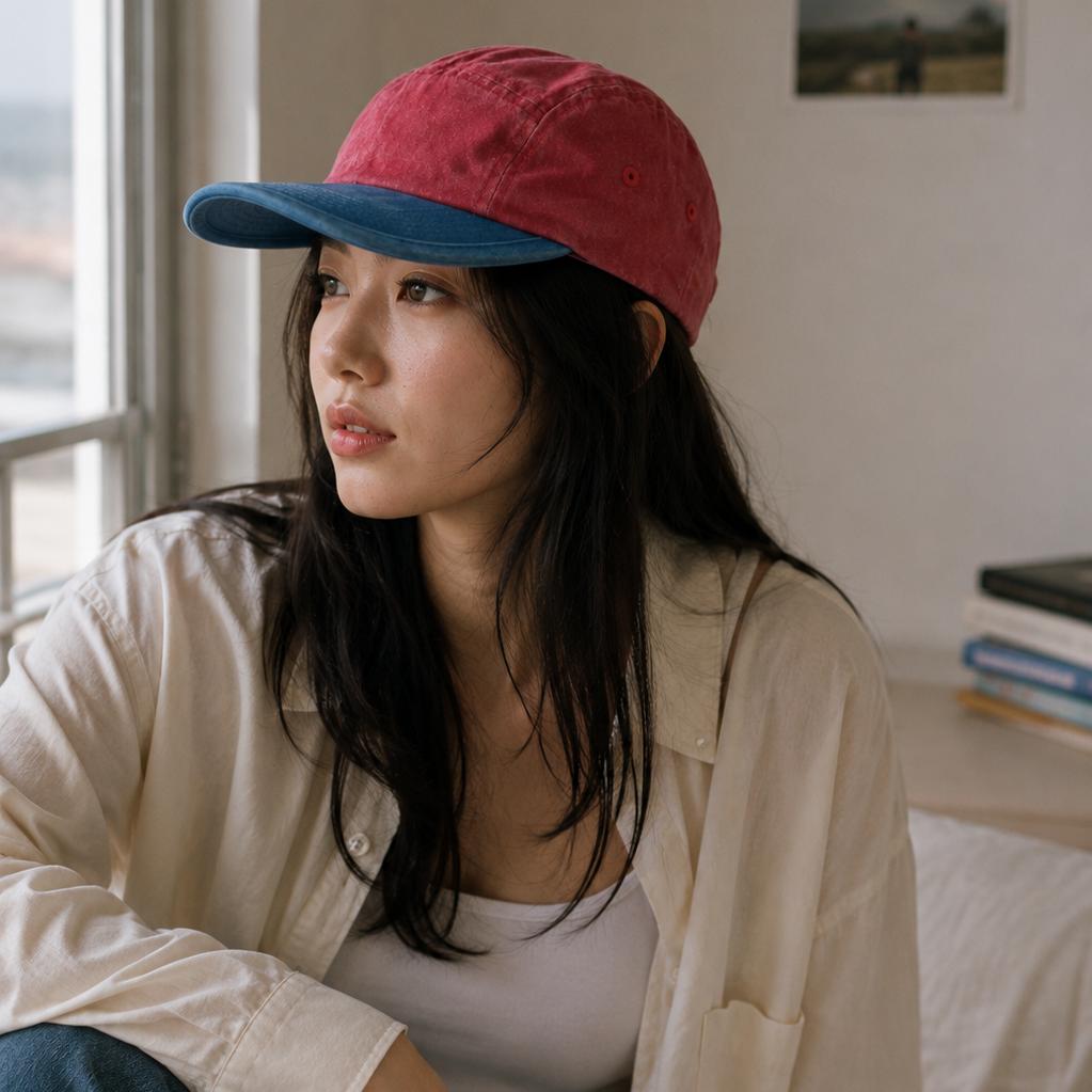 A woman sitting indoors wearing a red baseball cap with a blue brim, an off-white button-up shirt over a white tank top, and blue jeans, with a window and wall art in the background.