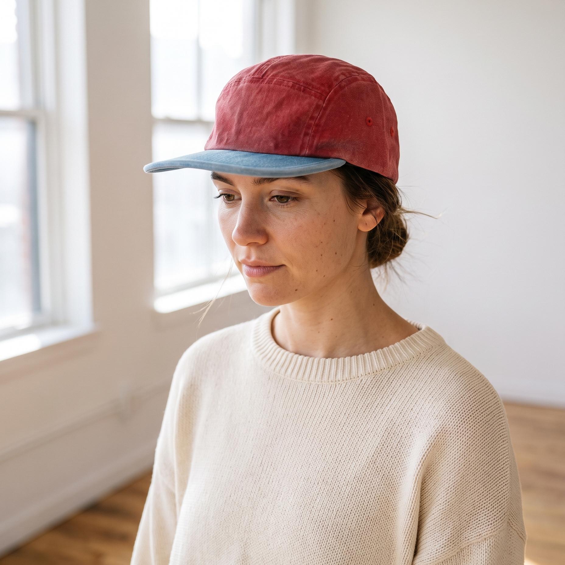 A woman wearing a red and light blue baseball cap with a cream knit sweater, standing in a bright, minimalist room with white walls and wooden floors.