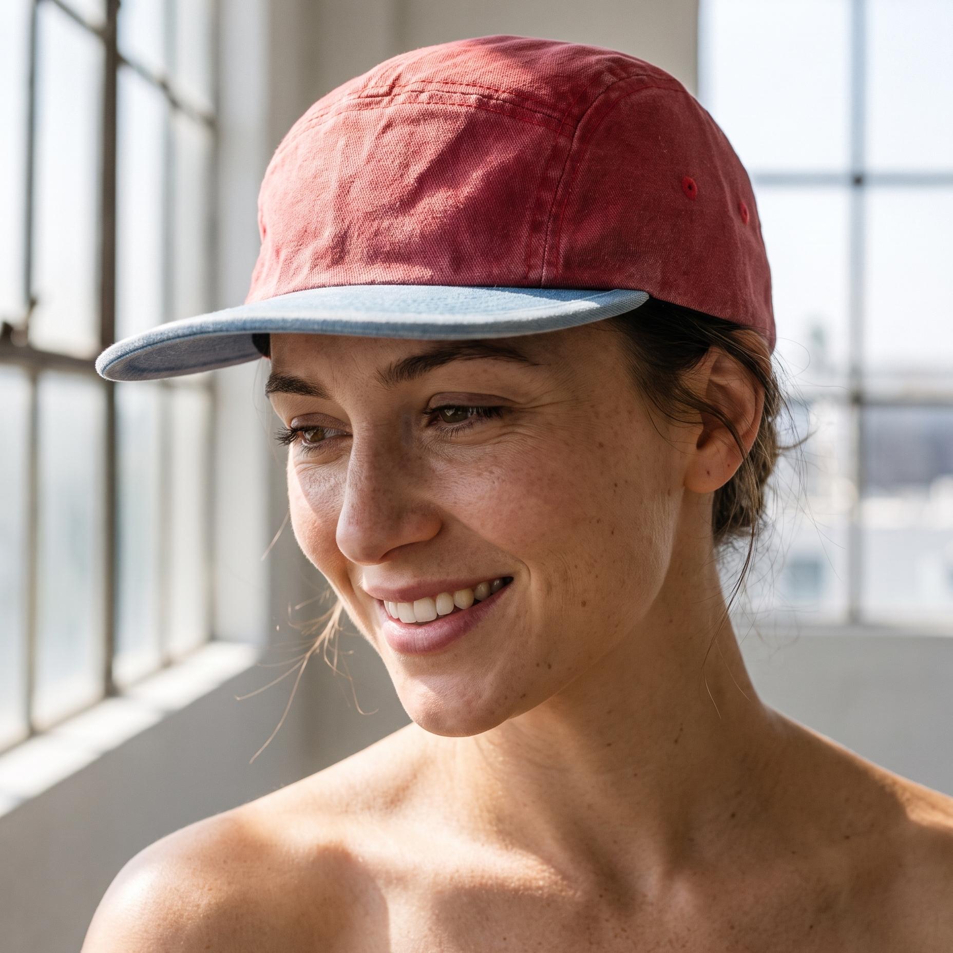 A smiling woman wearing a red canvas baseball cap with a light blue visor, photographed in a bright indoor setting with large windows.