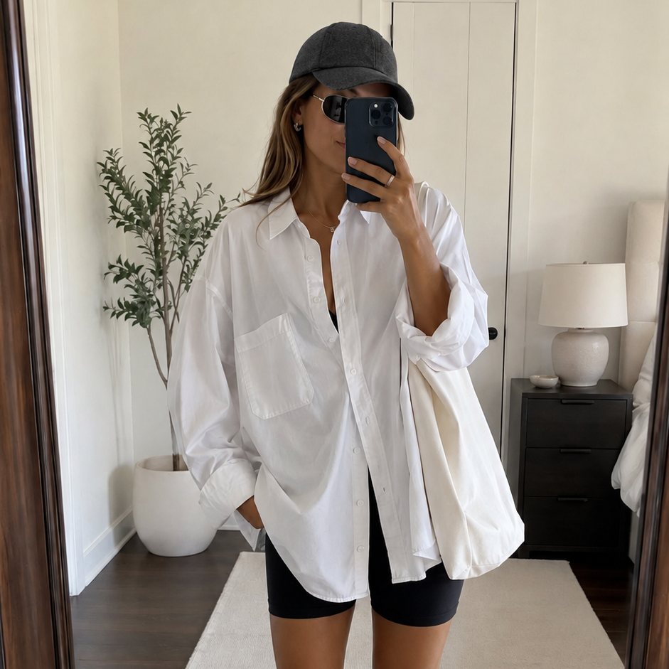 A woman takes a mirror selfie in a bedroom setting, wearing an oversized white button-down shirt, black biker shorts, white socks, white sneakers, and a dark gray baseball cap.