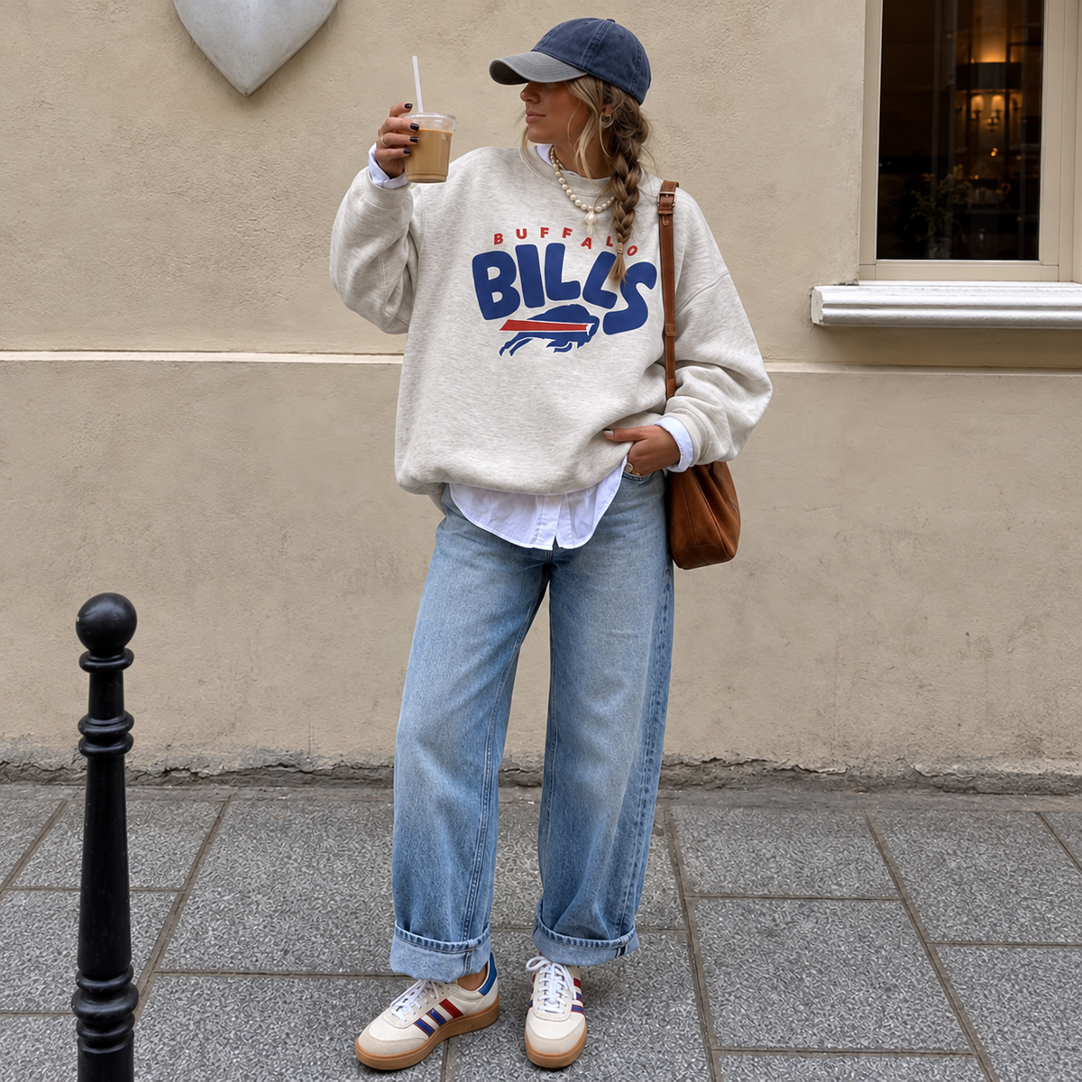 A woman stands outdoors on a sidewalk wearing a cream sweatshirt with a Buffalo Bills graphic, light blue wide-leg jeans, white sneakers, and carrying a brown shoulder bag.