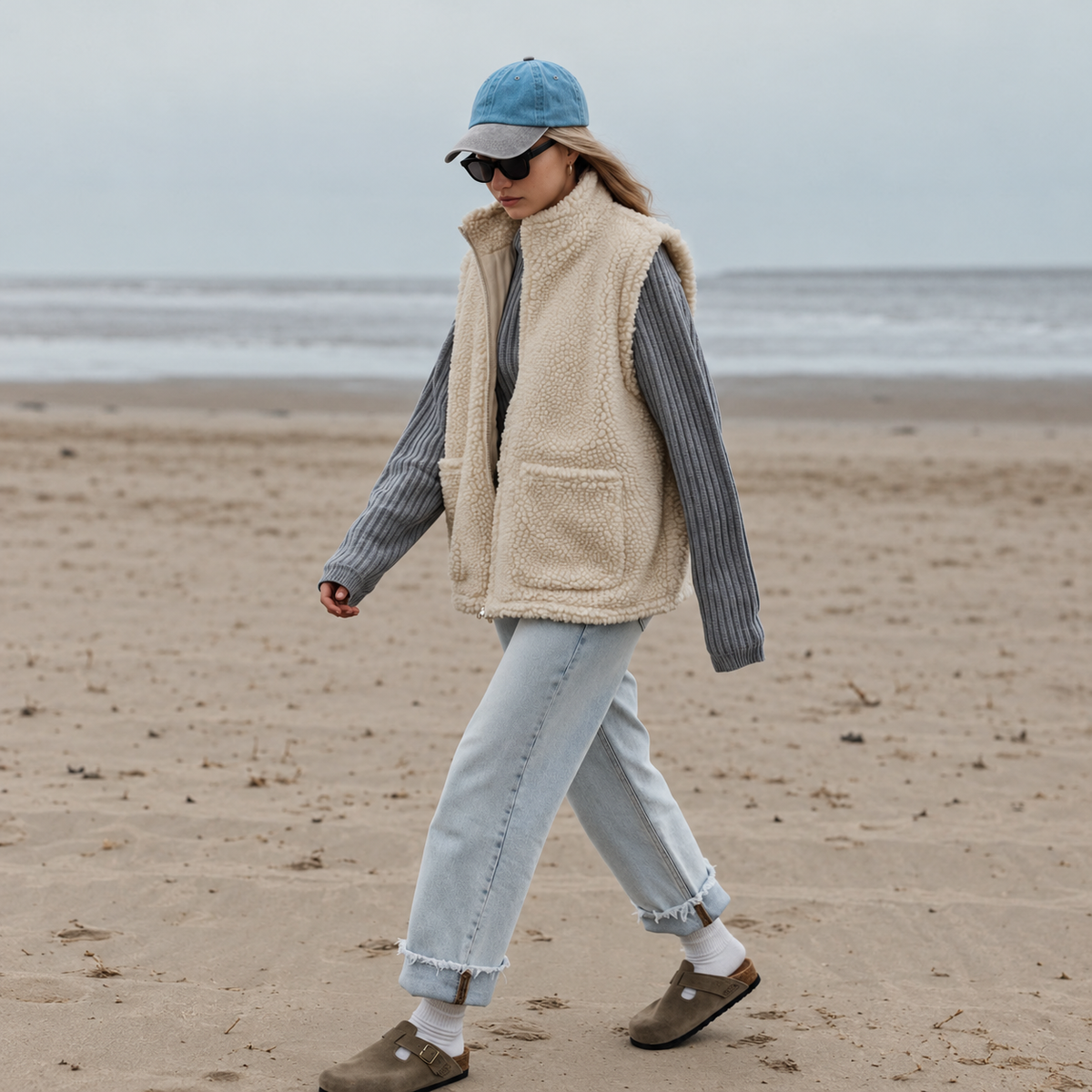 A woman walking on a sandy beach wearing a cream sherpa fleece vest over a gray striped long-sleeve shirt, light-wash jeans, brown clogs, white socks, and a blue baseball cap.