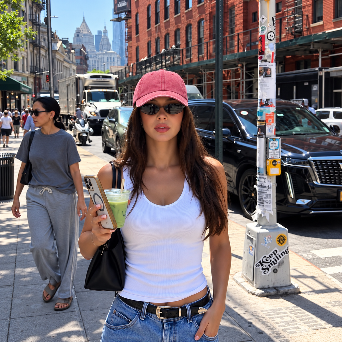 A woman walking on a city sidewalk wearing a pink baseball cap, white ribbed tank top, and blue jeans, holding a green drink. A black bag is slung over her shoulder, with street traffic, buildings, and pedestrians in the background.