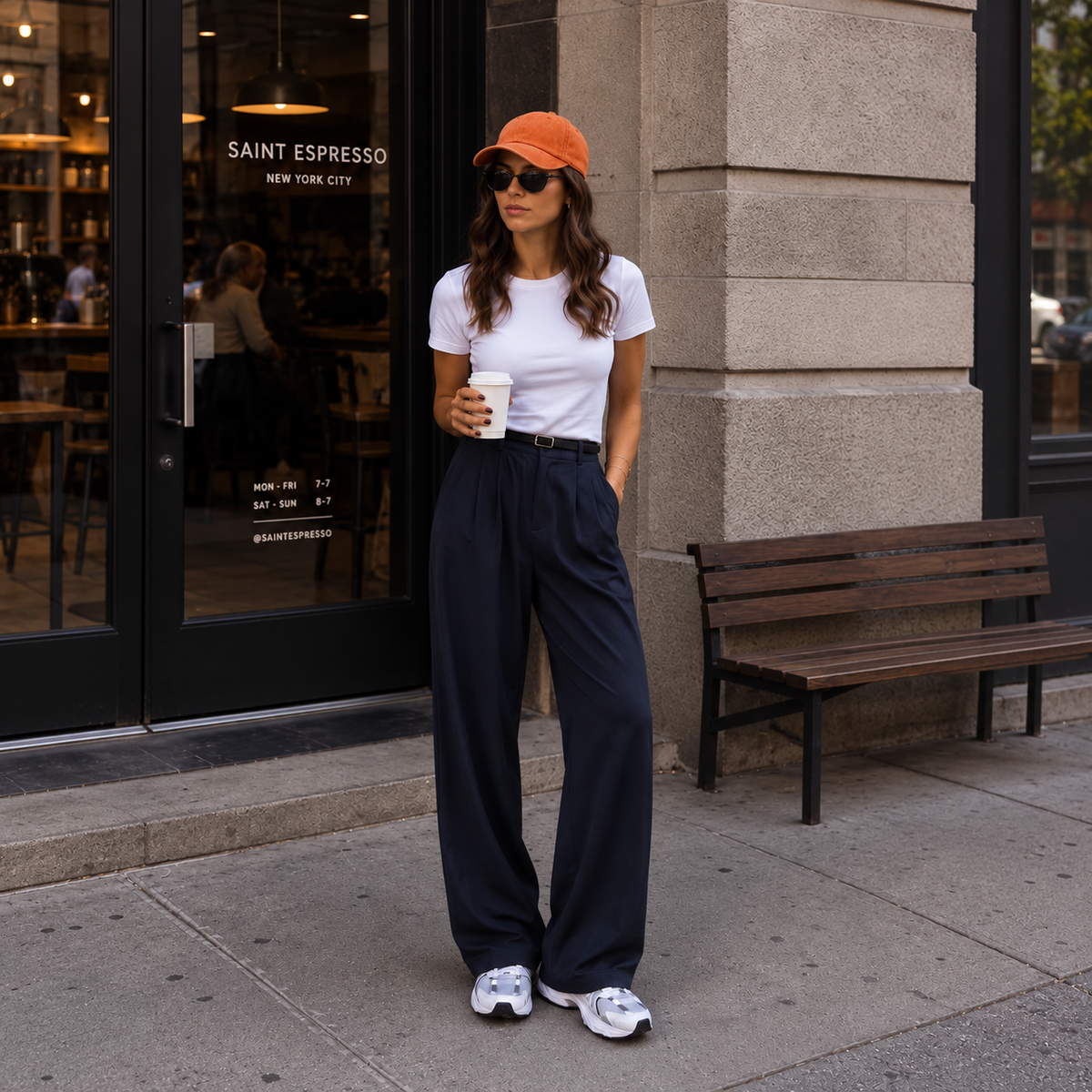 A woman stands on a city sidewalk in front of a coffee shop, wearing a white crewneck t-shirt, dark navy wide-leg trousers, an orange baseball cap, sunglasses, and white sneakers, holding a paper coffee cup.