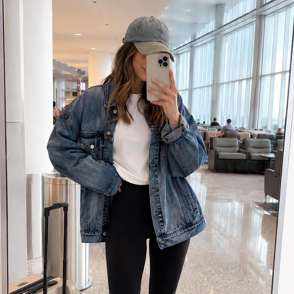 A woman takes a mirror selfie in a modern airport or mall terminal, wearing a light blue denim jacket, a white t-shirt, black leggings, white socks, and white sneakers. She is also wearing a gray baseball cap.