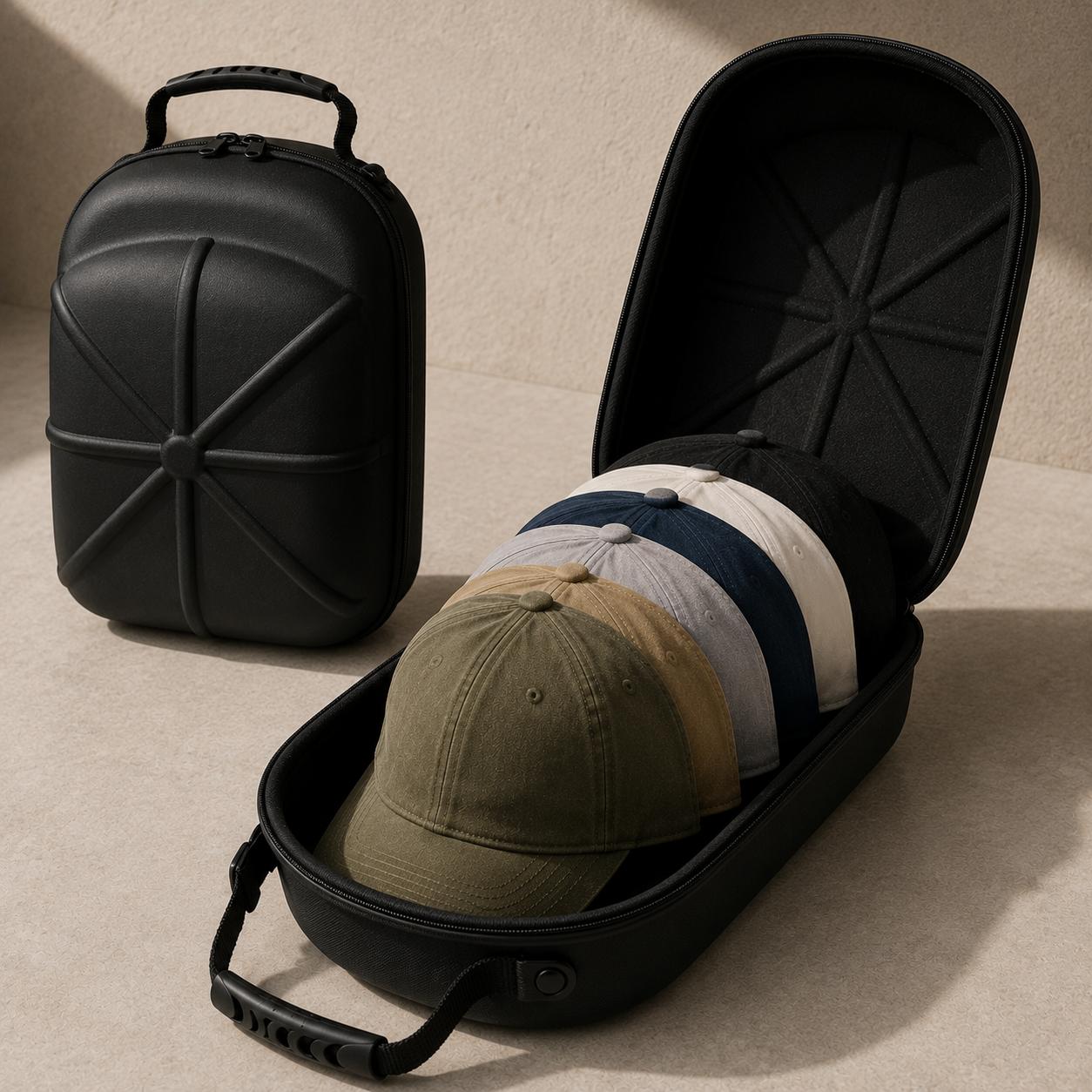 A black hard-shell hat case shown closed in the background and open in the foreground, with several baseball caps nested inside. The setting is a clean, minimalist studio environment with a warm beige textured background.