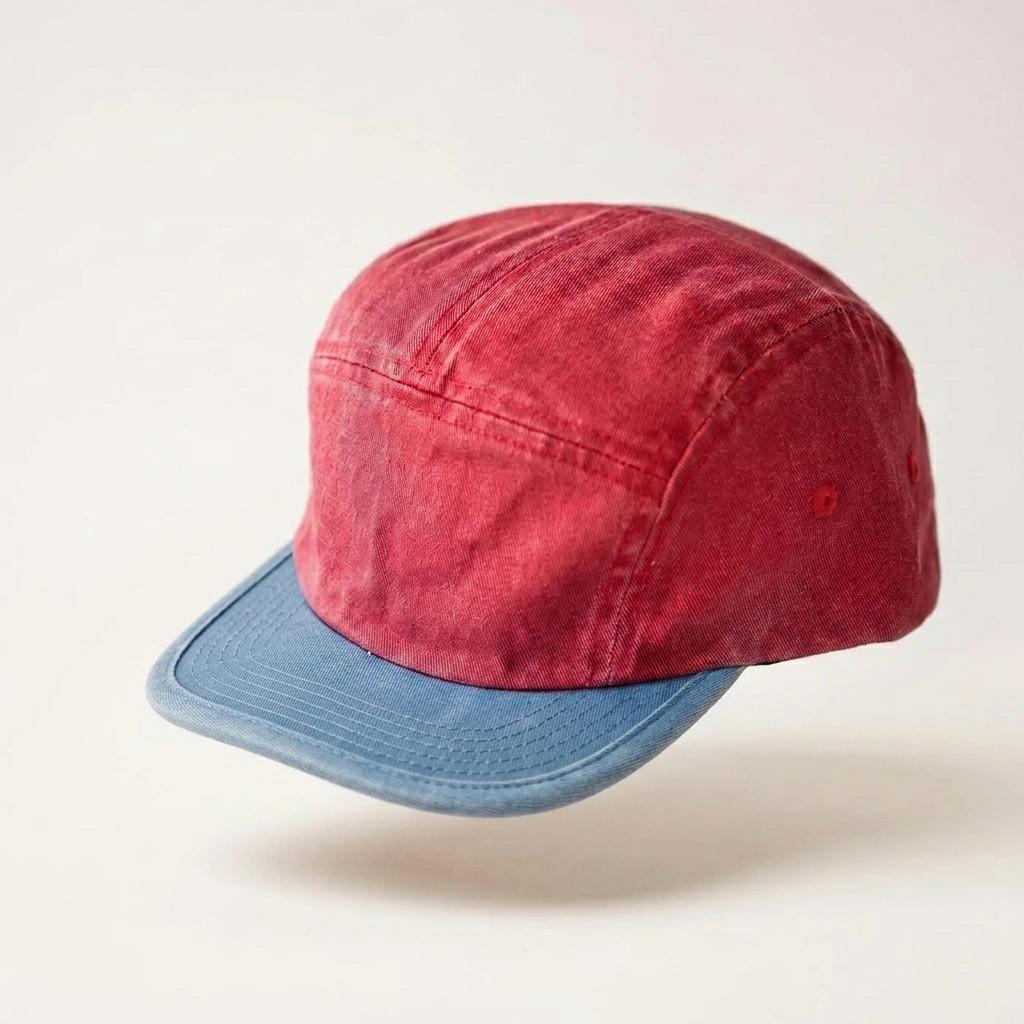 A five-panel camp cap with a washed red crown and a contrasting light blue flat brim, shown against a plain off-white background.