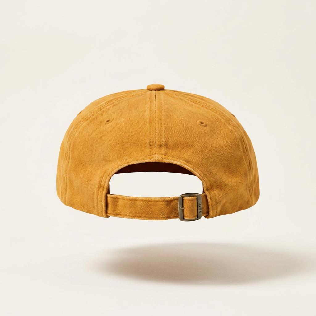 A mustard yellow washed cotton baseball cap shown from the back, featuring an adjustable strap with a dark metal buckle, set against a clean off-white background.