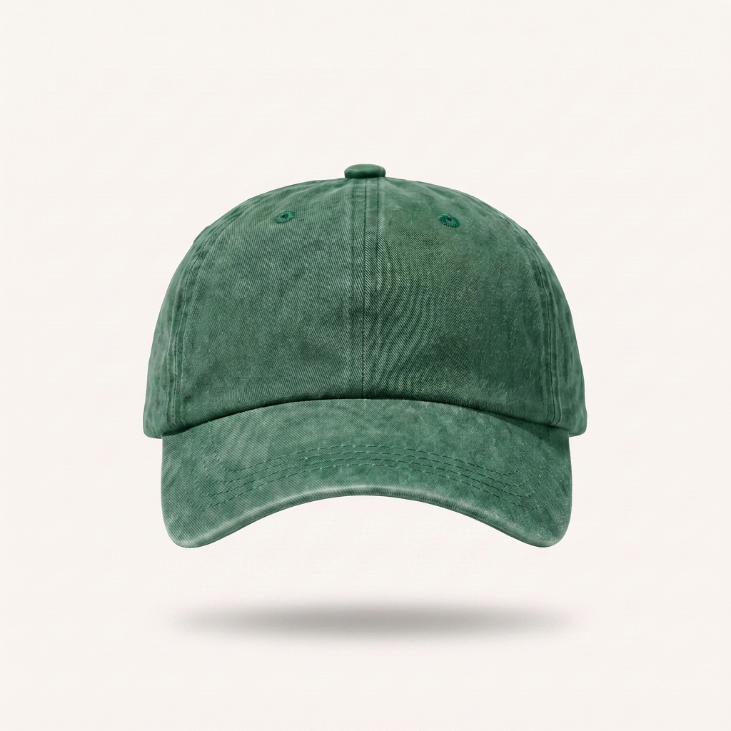 A green washed cotton baseball cap shown from the front on a light beige background with a soft drop shadow underneath.