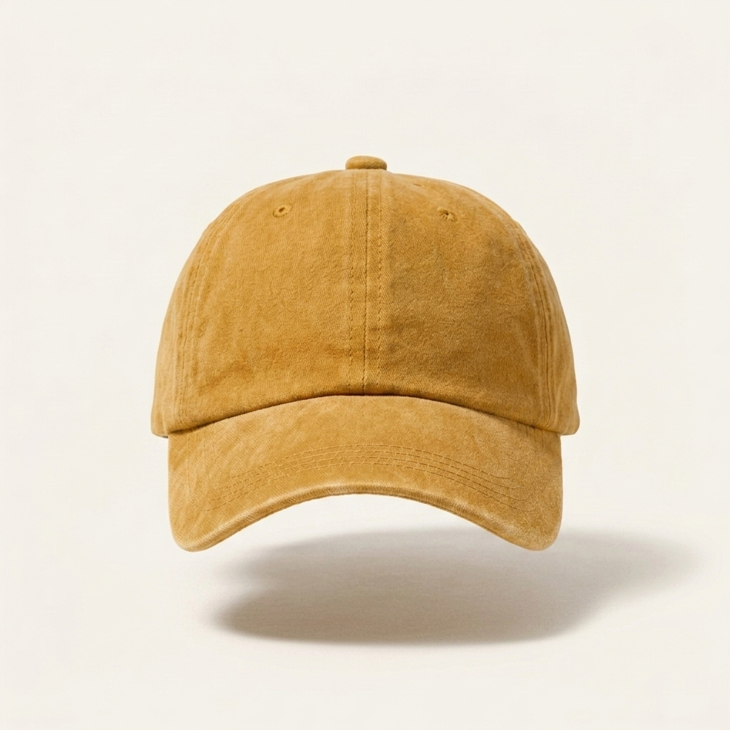 A classic six-panel dad hat baseball cap in a washed mustard yellow color, shown floating against a clean off-white background with a soft shadow underneath.