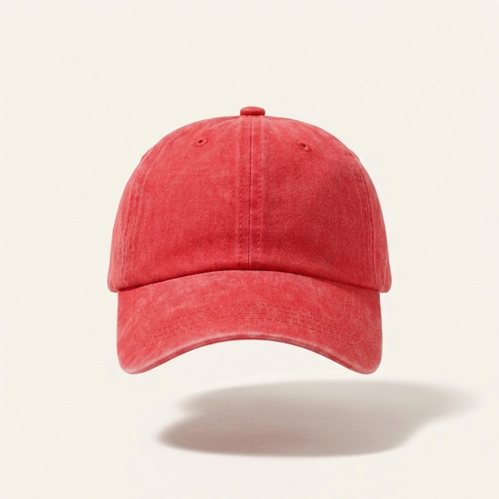 A washed red baseball cap shown from the front against a light cream background with a soft shadow underneath.