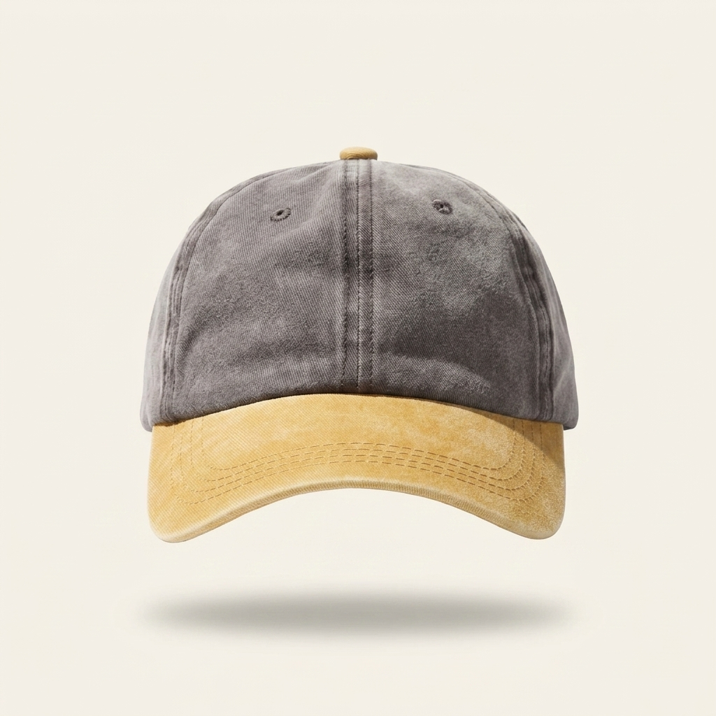 A two-tone baseball cap with a washed dark gray crown and a mustard yellow brim, shown against a light beige background.