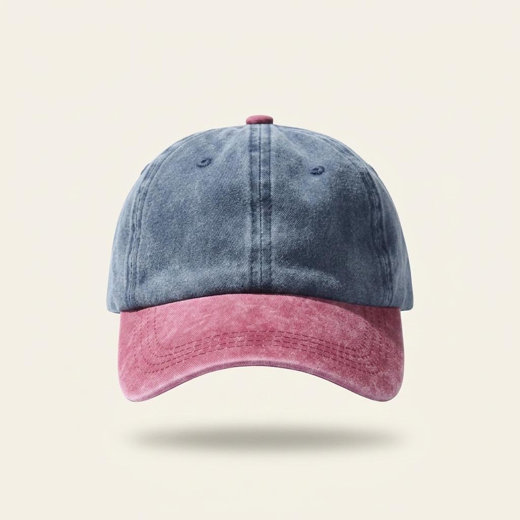A two-tone baseball cap with a washed blue denim crown and a distressed pink brim, shown against a light beige background.