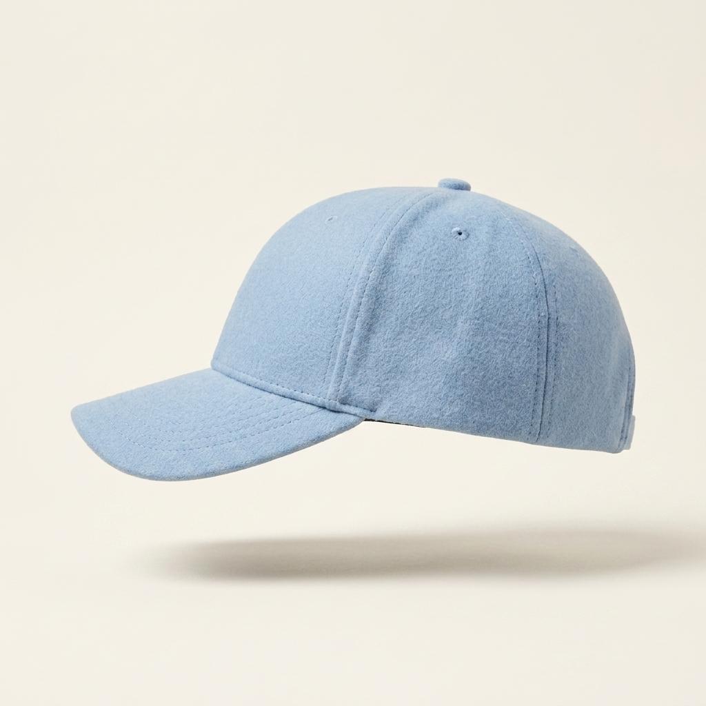 A light blue baseball cap floating against a solid cream-colored background with a soft shadow underneath.