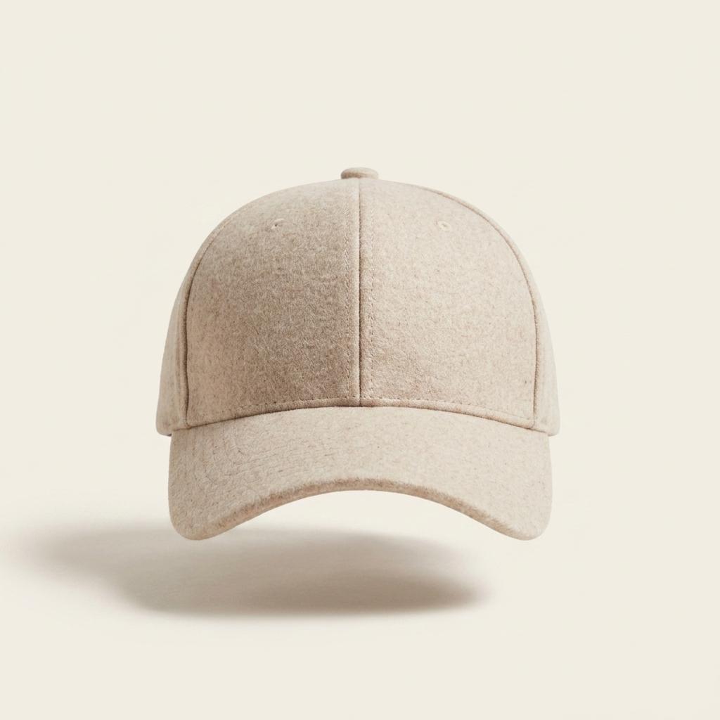 A light beige baseball cap with a curved brim, shown from the front against a solid cream background.