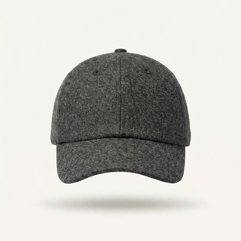 A dark gray heathered wool-textured baseball cap shown from the front against a clean off-white background.