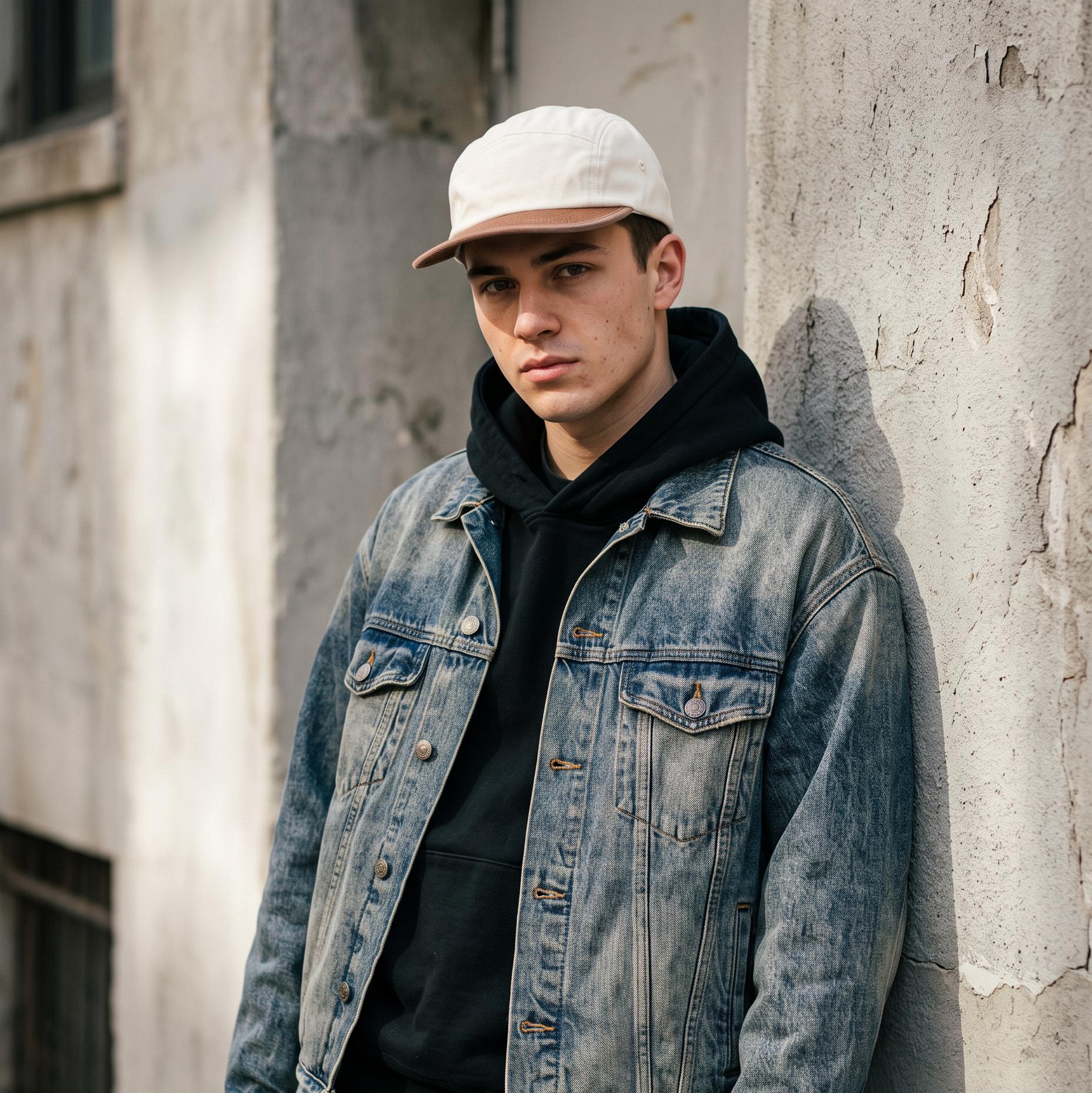 A young man wearing a faded blue denim jacket over a black hoodie, a white baseball cap, and olive cargo pants, leaning against a textured concrete wall.