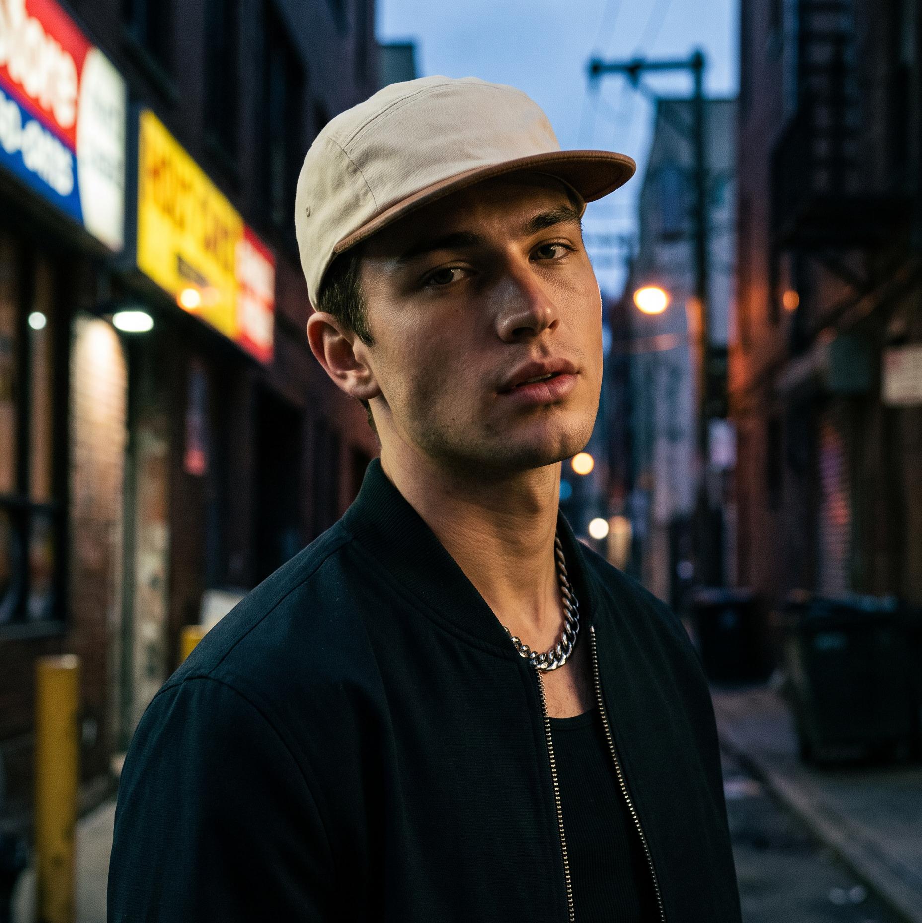 A young man wearing a beige baseball cap and a black bomber jacket stands on a city street at dusk, looking off-camera. The background shows blurred buildings and streetlights.