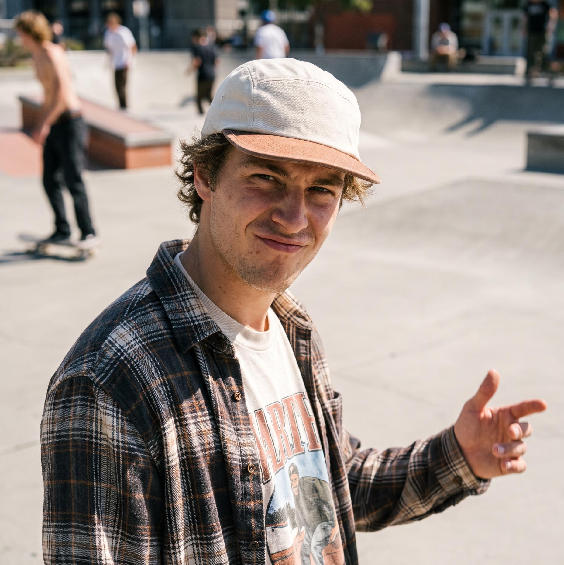 A young man at a skatepark wearing a beige baseball cap, a brown and black plaid flannel shirt over a white graphic t-shirt, and a silver ring on his finger, looking directly at the camera.
