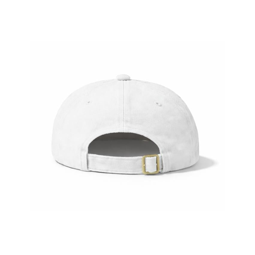 White baseball cap with a gold buckle on a white background