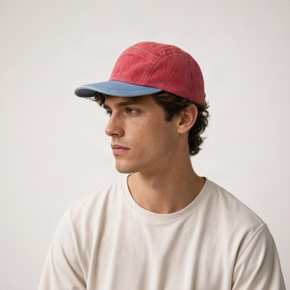 A man wearing a red and blue baseball cap, shown in profile against a plain light background.