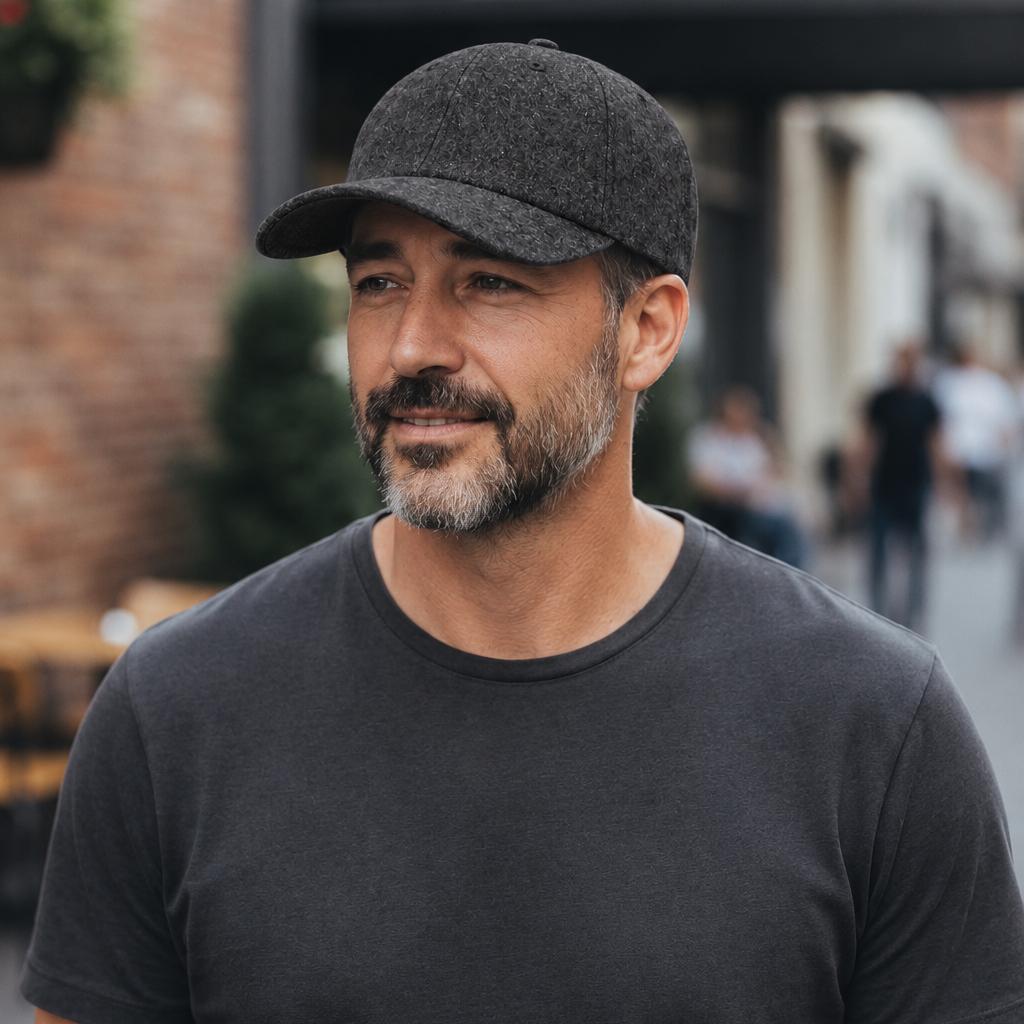 A man wearing a dark gray textured baseball cap and a dark charcoal gray t-shirt, standing outdoors in a blurred urban street setting.