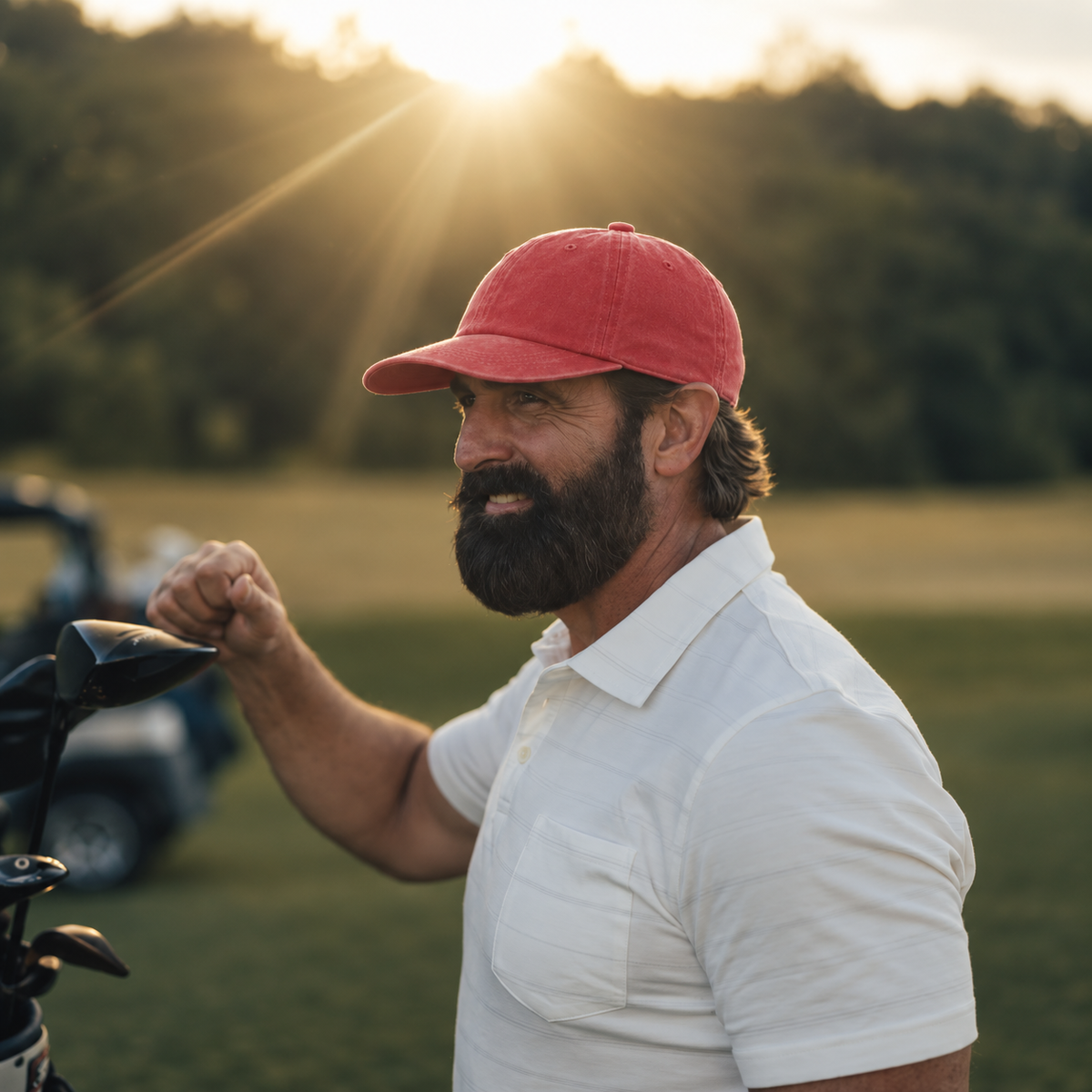 A bearded man wearing a red baseball cap and a white polo shirt stands on a golf course at sunset, holding a golf club. The background features a blurred green landscape and a golf cart.
