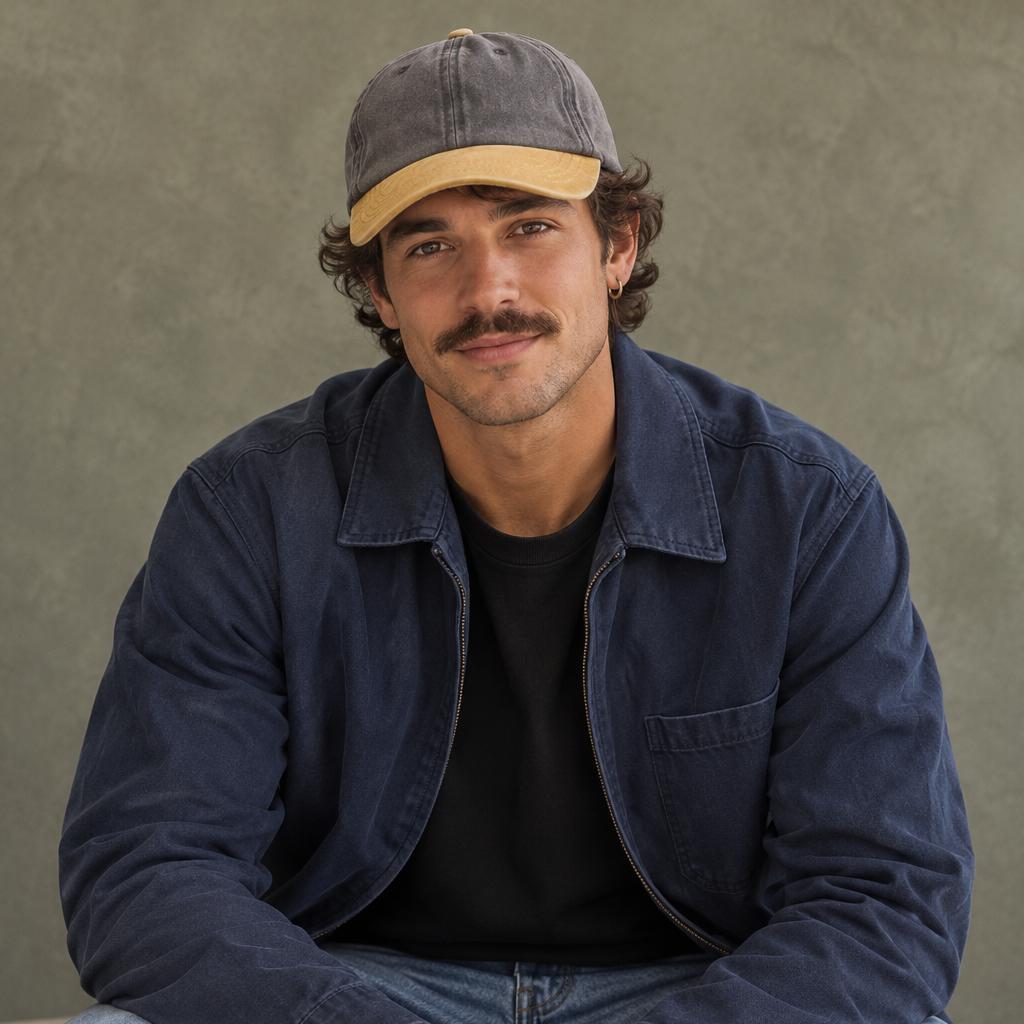 A man wearing a navy blue work jacket over a black t-shirt, blue jeans, and a gray and tan baseball cap, sitting against a textured gray wall.