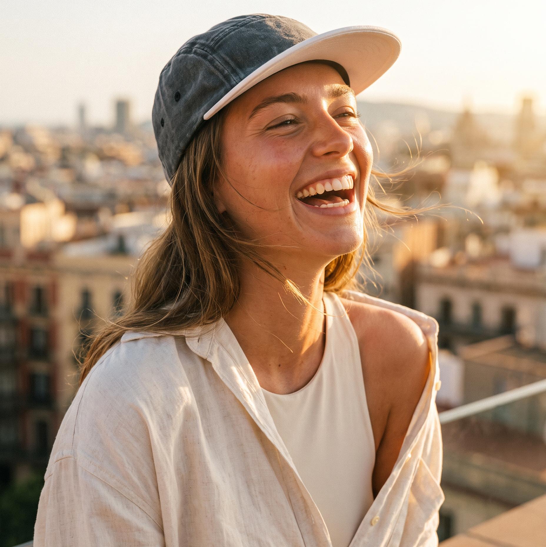 A woman smiling outdoors on a rooftop at sunset, wearing a dark gray baseball cap with a white brim, a light beige overshirt over a white top, with a blurred cityscape in the background.