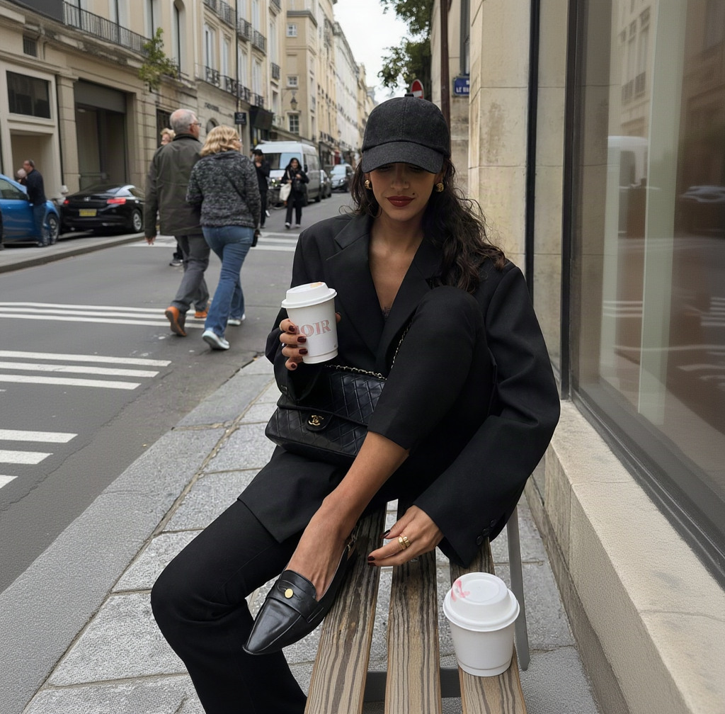 A woman wearing a black tailored blazer and matching trousers sits on a city bench, holding a black quilted handbag and a white coffee cup. She wears a black cap and black loafers with a gold emblem.